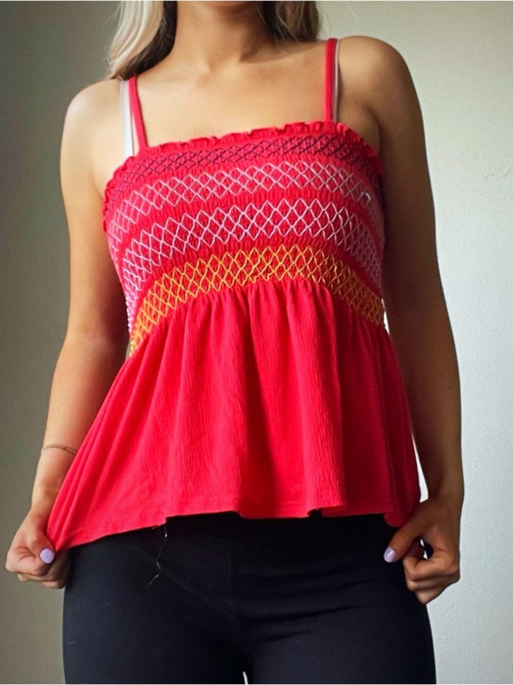 Red Smocked Spaghetti Strap Women's Tank Top